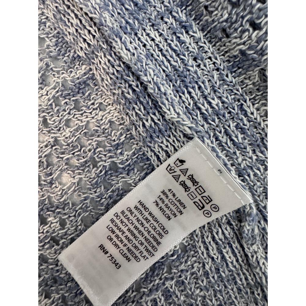 Sigrid Olsen Blue White Linen Blend Pointelle Knit Hooded Open Cardigan XL ff - Picture 5 of 6